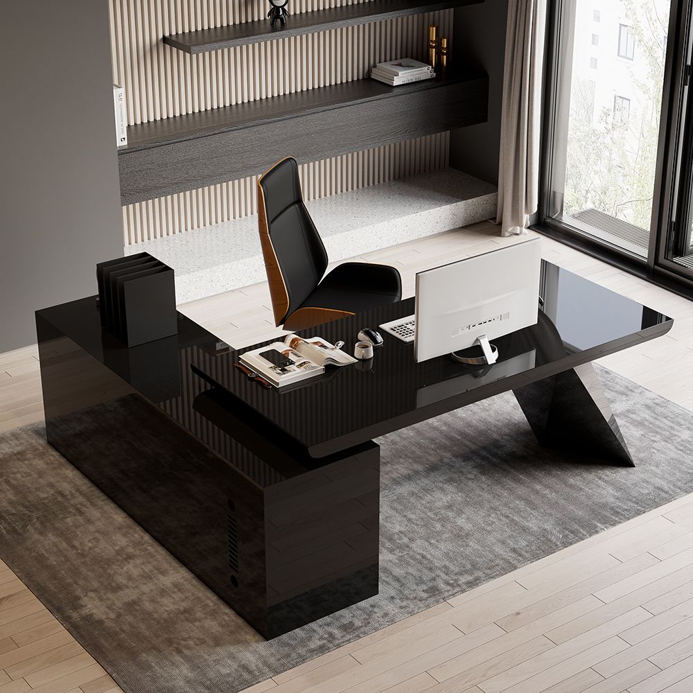 L Shaped Large Executive Office Desk with Drawers & Cabinet Black Office Furniture Right Hand (70.9″)