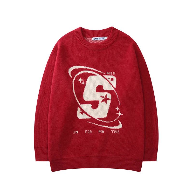 Capital Letter Print Solid Color Retro Men’s and Women’s Autumn Winter Sweaters Harajuku Crew Neck Oversized Baggy Knitted Top – black / XL